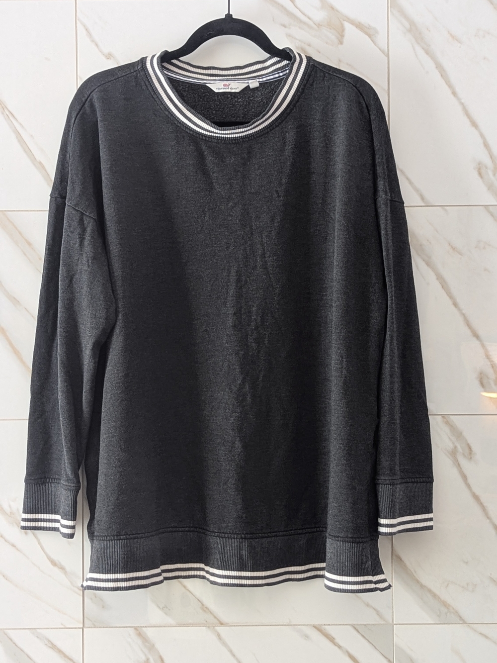 Super Soft Cozy Vineyard Vines Black Crewneck Sweater with White Striped Trim